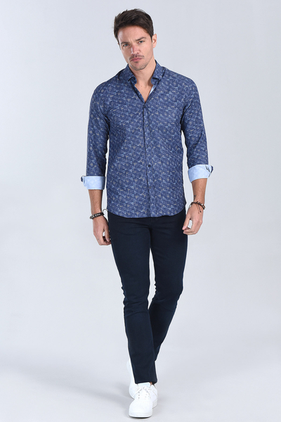 Erkek  Lacivert Slim Fit Gömlek - 3