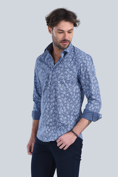 Erkek Koyu Mavi Slim Fit Gömlek - 3