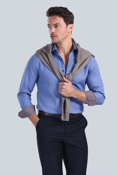 Erkek Saks Mavi Slim Fit Gömlek - 2