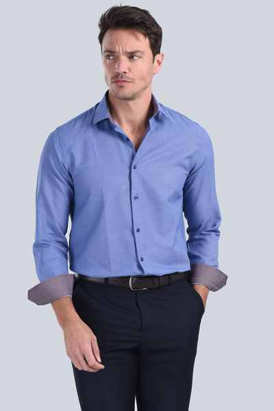 Erkek Saks Mavi Slim Fit Gömlek - 4